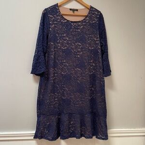 Ellen Weaver Navy Blue Lace Bell Sleeves Shift Dress size 1X